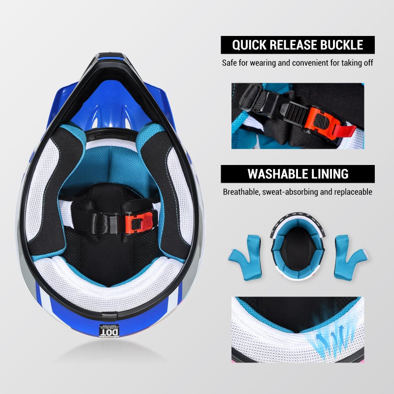 ROOZO Youth Kids Dirt Bike Helmet DOT Certified - Full Face Motorcycle Helmet for Off-Road, ATV, Street Riding, Includes Adjustable Goggles & Protective Gloves - Image 2