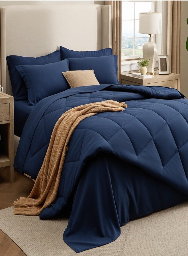 Bedsure 7 Pieces Queen Comforter Set Premium Series, Hotel Luxury Soft Bed in a Bag, Goose Down Alternative, Safe for Sensitive Skin Bedding Comforter All Season Medium Warmth, Navy Blue Queen Size - Image 1