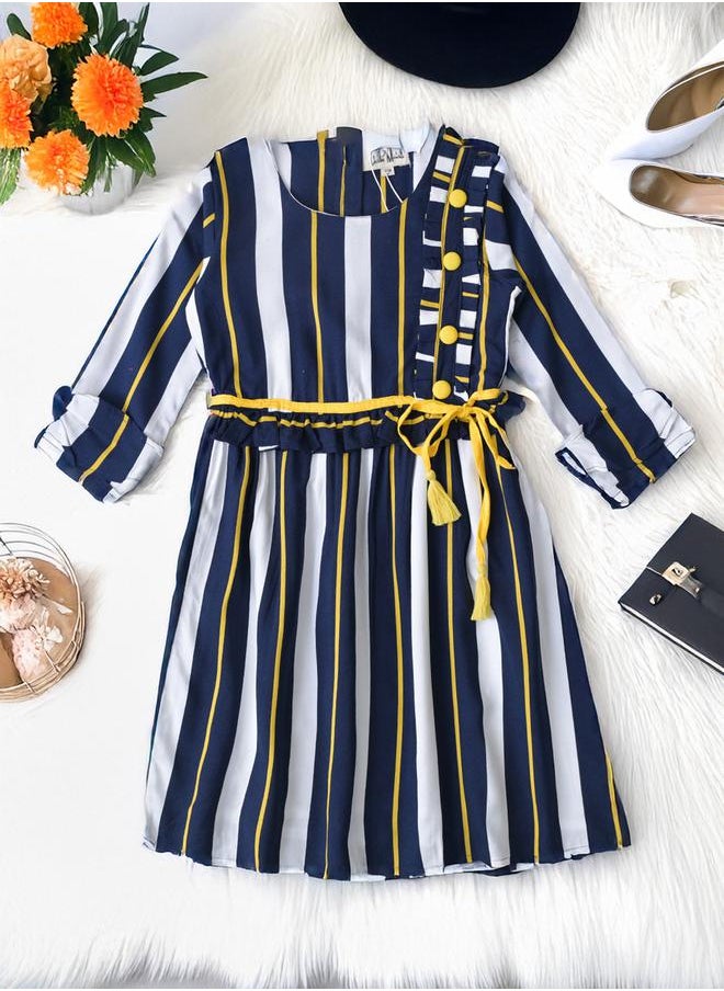 BELLA MODA Striped Fit and Flare Button Detail Dress by Styli  - Image 1