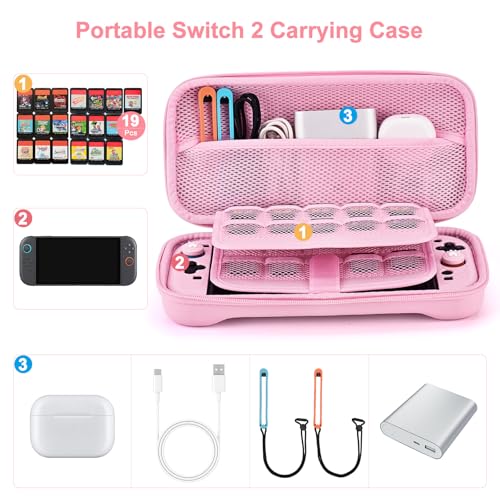 Younik Switch 2 Accessories Bundle, 15 in 1 Pink Switch 2 Accessories Kit for Girls Include Carrying Case, Shoulder Strap, Wrist Strap & Stickers, Protective Case for Switch Console & J-Con - Image 2