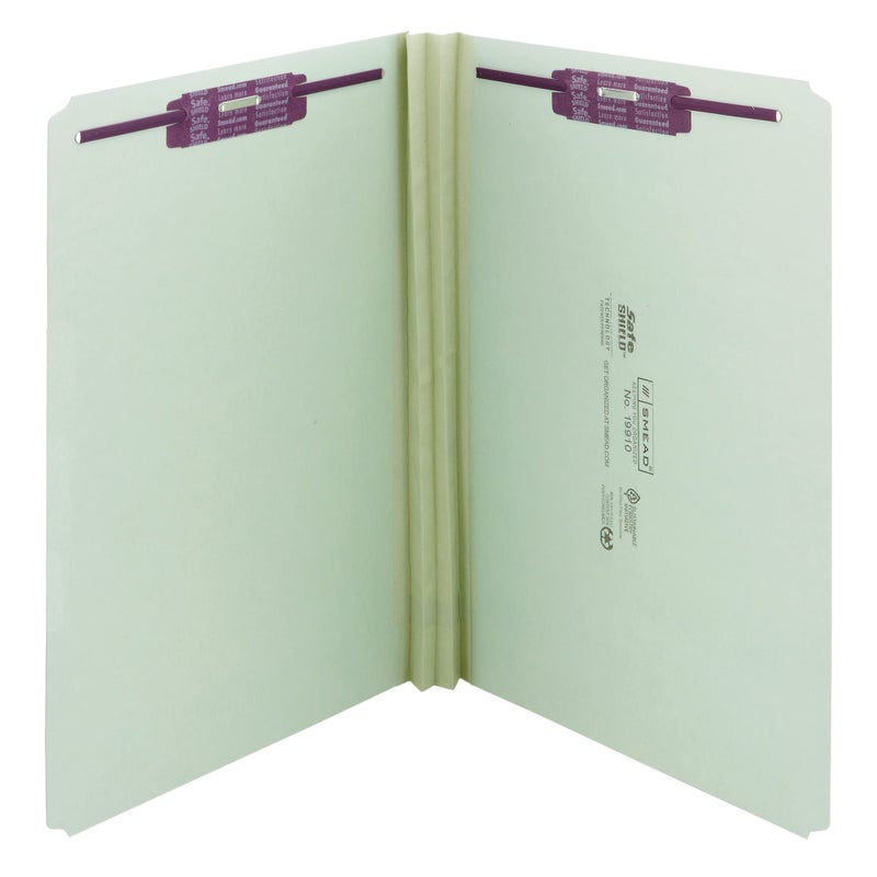 Smead Pressboard Fastener File Folder with SafeSHIELD Fasteners, 2 Fasteners, Straight-Cut Tab, 2" Expansion, Legal Size, Gray/Green, 25 per Box (19910) - Image 1