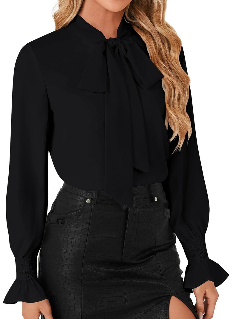 LYANER Women's Bow Tie Front Smocked Long Sleeve Blouse Elegant Office Shirt Top Black Medium - Image 4