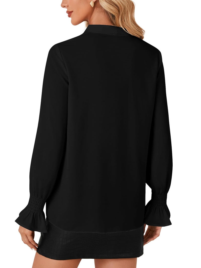 LYANER Women's Bow Tie Front Smocked Long Sleeve Blouse Elegant Office Shirt Top Black Medium - Image 5