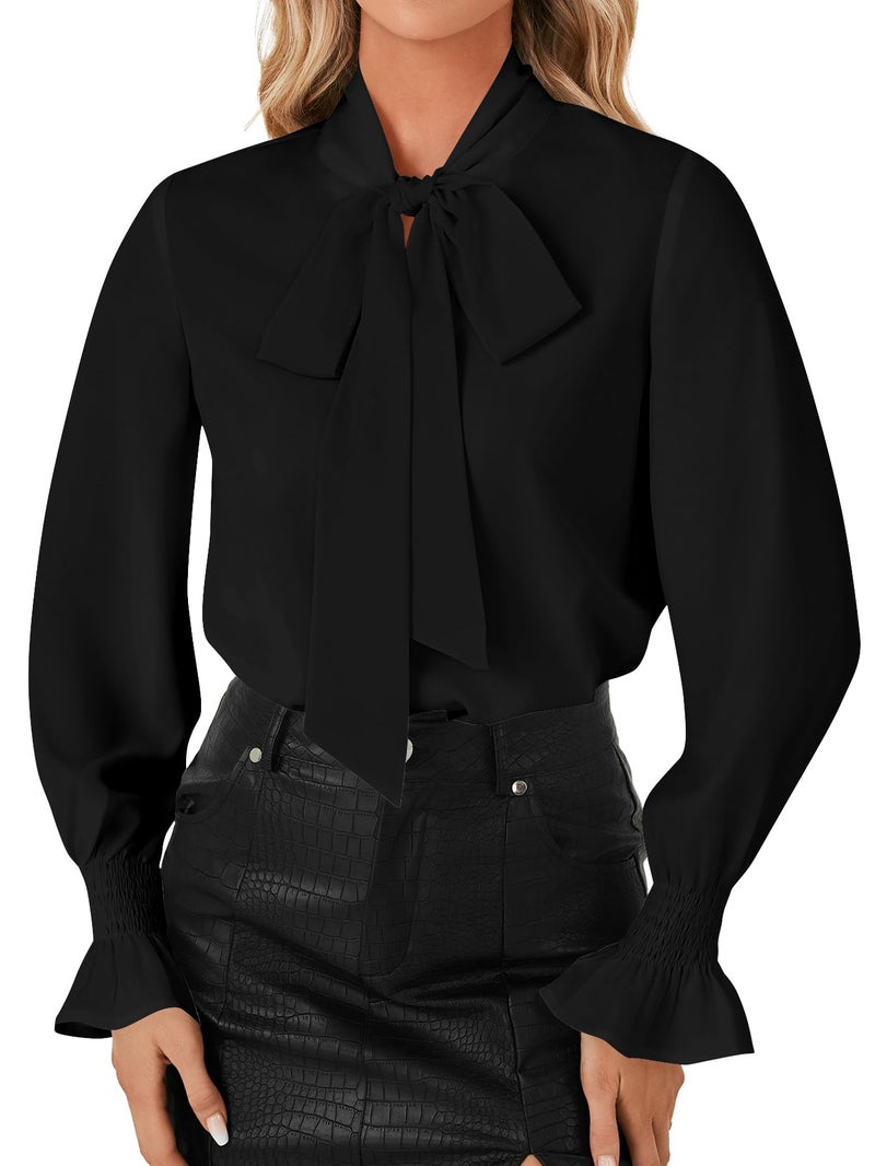 LYANER Women's Bow Tie Front Smocked Long Sleeve Blouse Elegant Office Shirt Top Black Medium - Image 1