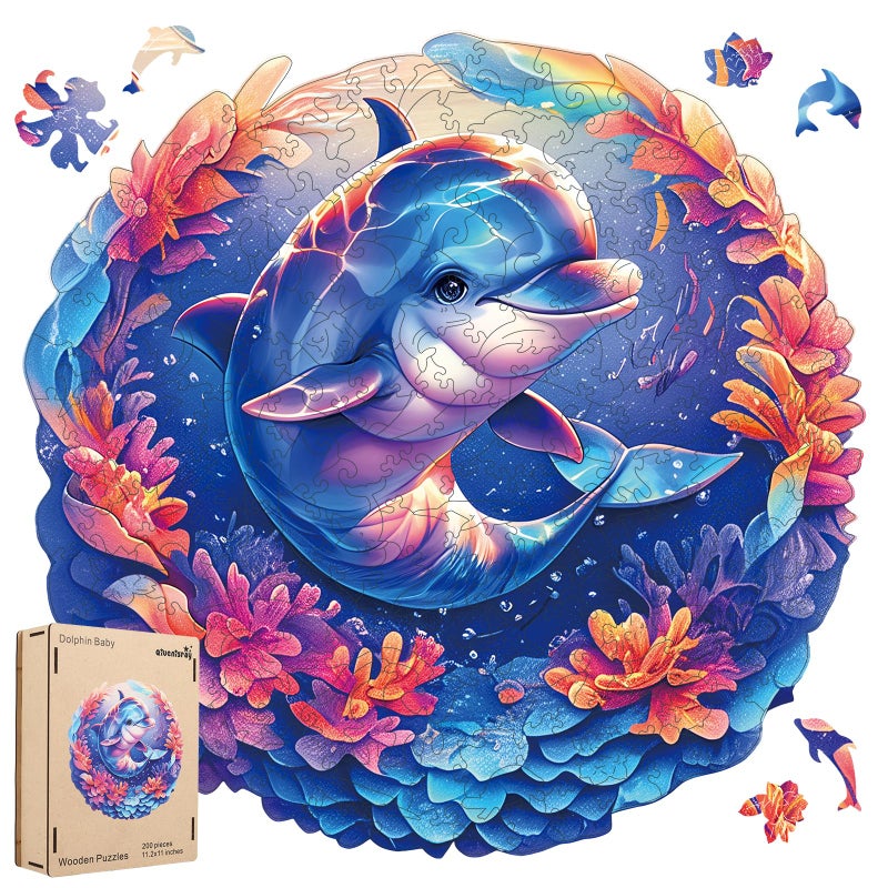 Qiuenisray Wooden Puzzles for Adults Dolphin Baby Jigsaw Puzzles 200 Pieces FSC Certified Unique Ocean Adult Puzzles Wood Puzzles Creative Gift for Family Game 112x112 in - Image 3