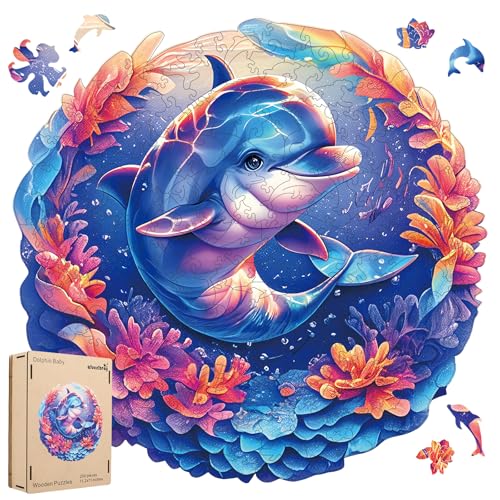 Qiuenisray Wooden Puzzles for Adults Dolphin Baby Jigsaw Puzzles 200 Pieces FSC Certified Unique Ocean Adult Puzzles Wood Puzzles Creative Gift for Family Game 112x112 in - Image 1