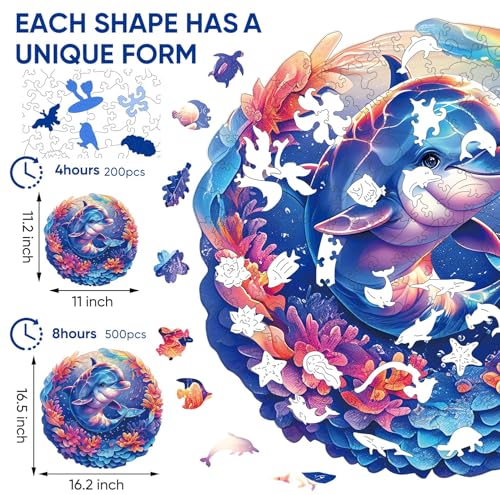 Qiuenisray Wooden Puzzles for Adults Dolphin Baby Jigsaw Puzzles 200 Pieces FSC Certified Unique Ocean Adult Puzzles Wood Puzzles Creative Gift for Family Game 112x112 in - Image 5