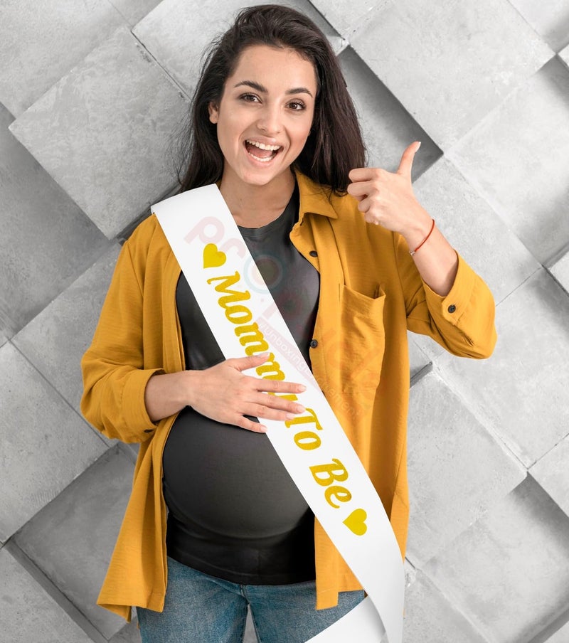 Propsicle Mom to Be White Sash Golden Mommy to Be Text | Baby Shower Party Maternity Shoot Prop Item for Women - Pack of 1 - Image 3