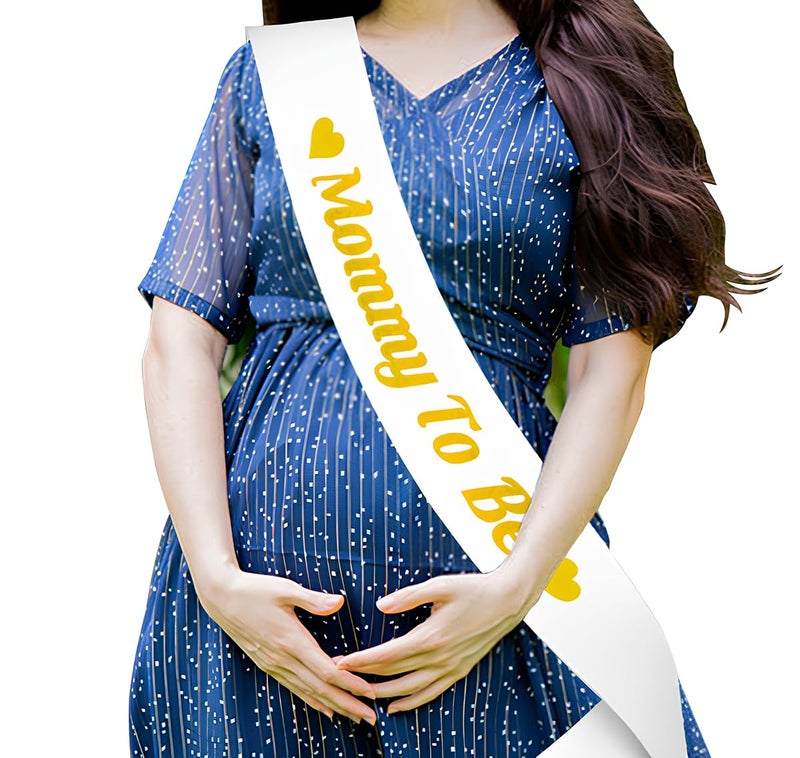 Propsicle Mom to Be White Sash Golden Mommy to Be Text | Baby Shower Party Maternity Shoot Prop Item for Women - Pack of 1 - Image 1