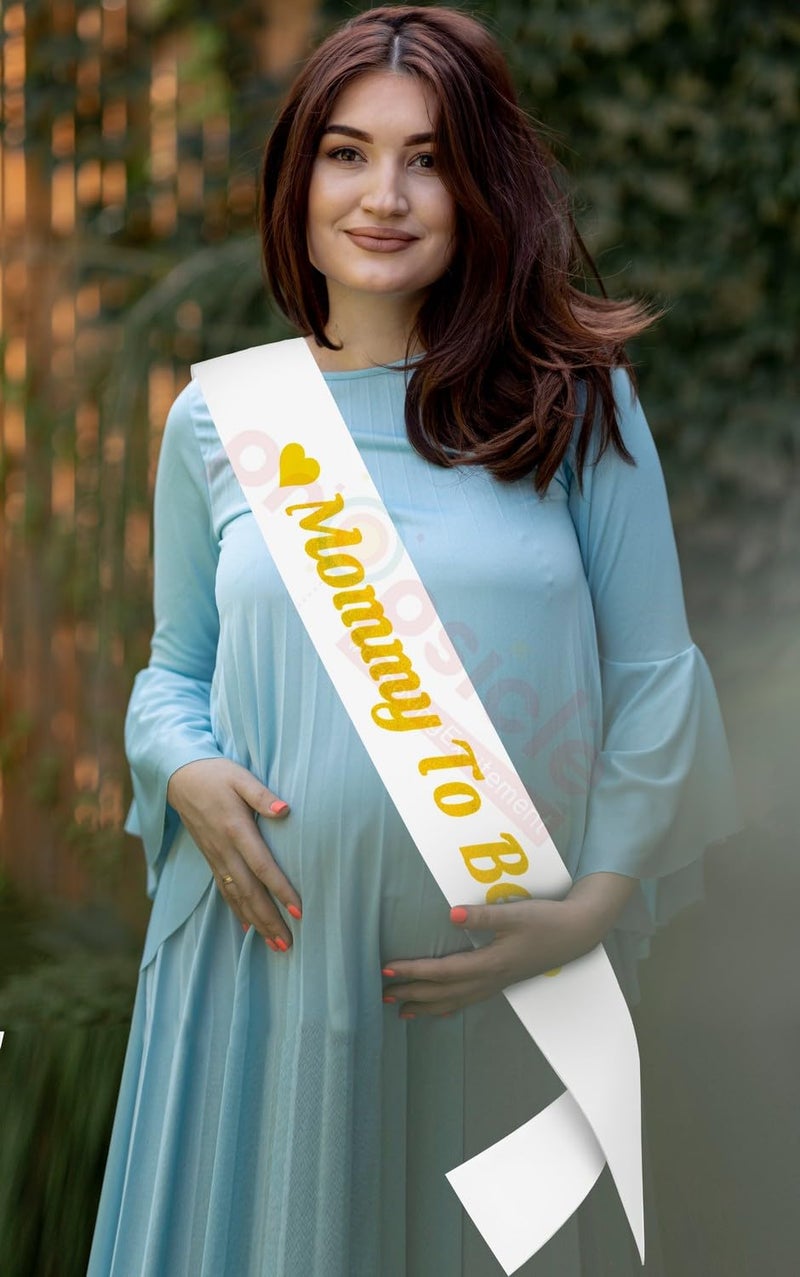 Propsicle Mom to Be White Sash Golden Mommy to Be Text | Baby Shower Party Maternity Shoot Prop Item for Women - Pack of 1 - Image 5