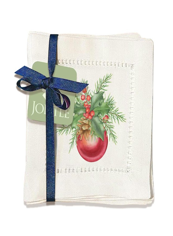 Jolitee Decorative Hemstitch Cocktail Napkins, 6"x6" Washable Linen-Like Cloth Napkins, Handmade for Entertaining and Everyday Use (Christmas Ball) - Image 1