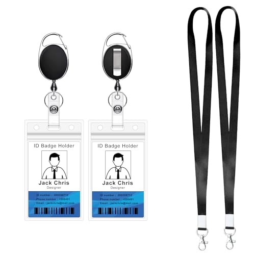 HoAoOo Retractable Badge Reel with Claw Clasp and Clip for Id Card Holders (2 ID Cases 2 Retractable Reels 2 Lanyards Black) - Image 1