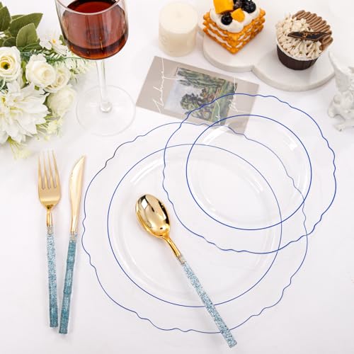 Liacere 150PCS Clear and Blue Plastic Plates-Clear and Blue Disposable Plates with Glitter Bamboo Handle Cutlery-60 Baroque Elegant Plates, 30 Forks, 30 Spoons, 30 Knives for Wedding＆Back to School - Image 3