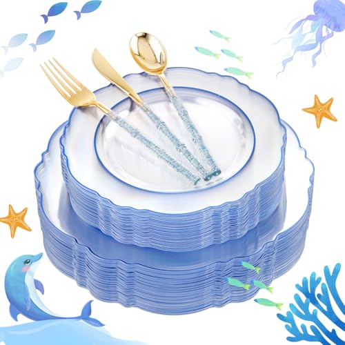 Liacere 150PCS Clear and Blue Plastic Plates-Clear and Blue Disposable Plates with Glitter Bamboo Handle Cutlery-60 Baroque Elegant Plates, 30 Forks, 30 Spoons, 30 Knives for Wedding＆Back to School - Image 1