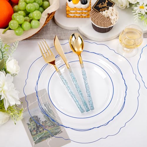 Liacere 150PCS Clear and Blue Plastic Plates-Clear and Blue Disposable Plates with Glitter Bamboo Handle Cutlery-60 Baroque Elegant Plates, 30 Forks, 30 Spoons, 30 Knives for Wedding＆Back to School - Image 2