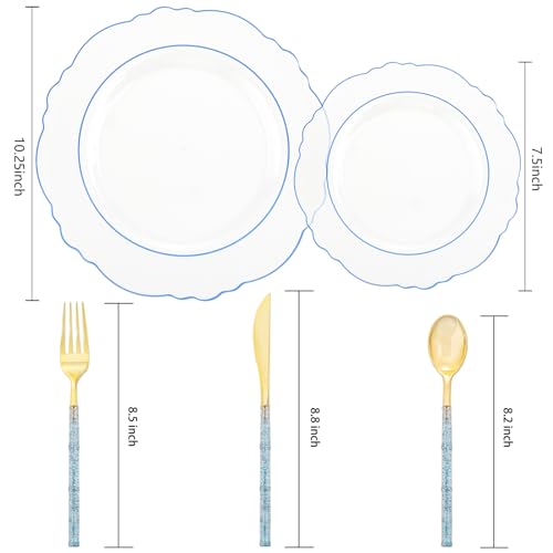 Liacere 150PCS Clear and Blue Plastic Plates-Clear and Blue Disposable Plates with Glitter Bamboo Handle Cutlery-60 Baroque Elegant Plates, 30 Forks, 30 Spoons, 30 Knives for Wedding＆Back to School - Image 4