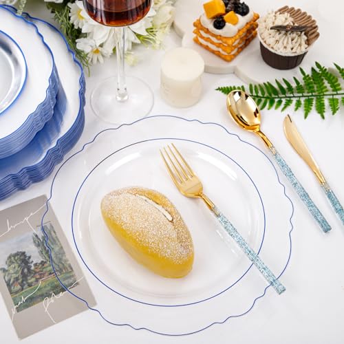 Liacere 150PCS Clear and Blue Plastic Plates-Clear and Blue Disposable Plates with Glitter Bamboo Handle Cutlery-60 Baroque Elegant Plates, 30 Forks, 30 Spoons, 30 Knives for Wedding＆Back to School - Image 5