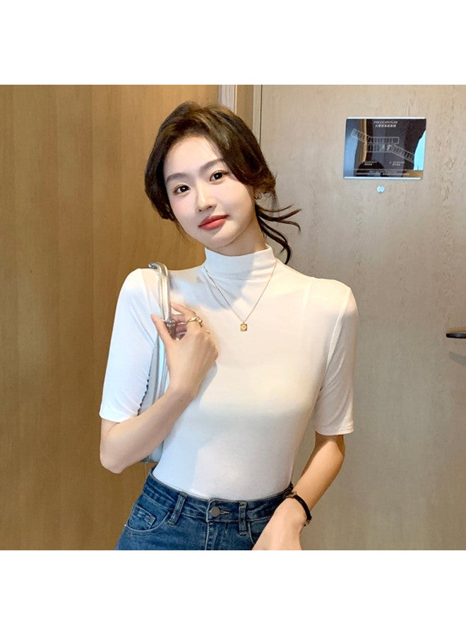 pincai Spring And Autumn Viscose Regular Shoulder Short Sleeve T-Shirt Women'S Top Inner Wear Slim Fit Semi-High Neck - Image 2