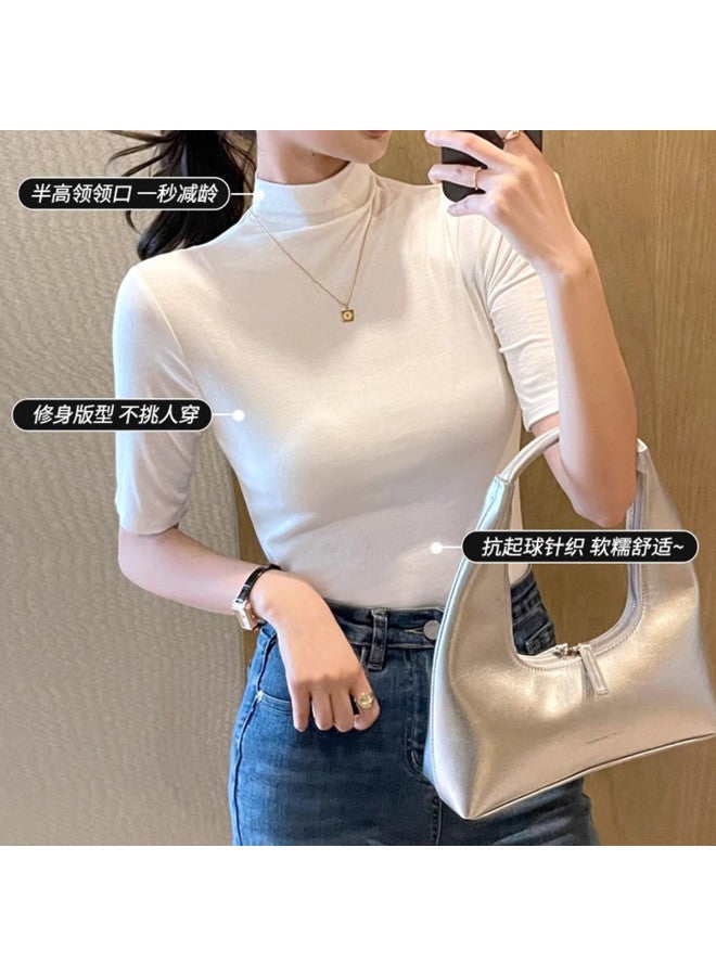 pincai Spring And Autumn Viscose Regular Shoulder Short Sleeve T-Shirt Women'S Top Inner Wear Slim Fit Semi-High Neck - Image 4