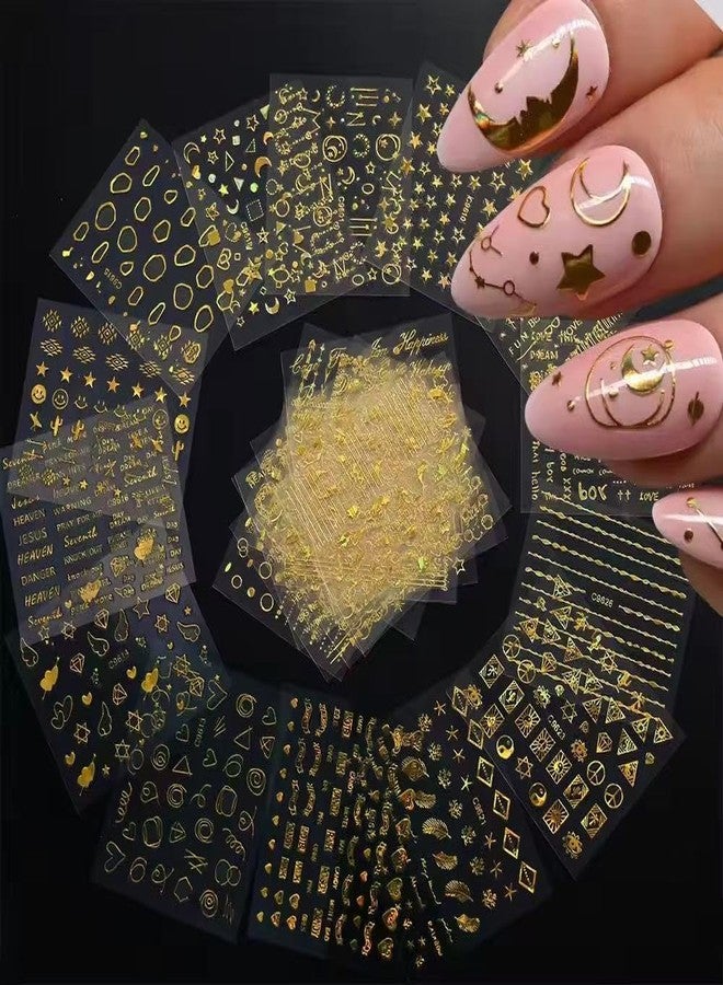 Scheibe 3D Golden Nail Art Stickers, 25 Sheets, Acrylic Material, Glossy Finish, Celestial Moon Star Smiley Face Geometric Patterns, Self-Adhesive Decals for Manicure - Image 1