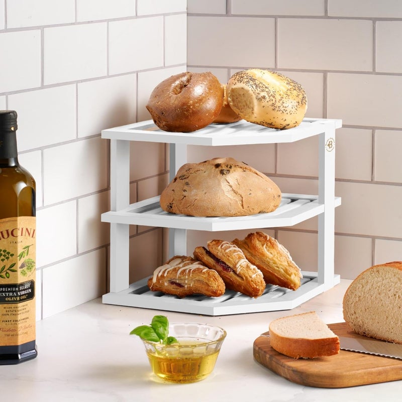 Bambüsi Cabinet Organizer Shelf  Bamboo Corner Rack for Kitchen Counter Cabinet Space Saver for Plates Dishes Bowls Bread Pantry Bathroom Storage or Countertop Stand White - Image 2