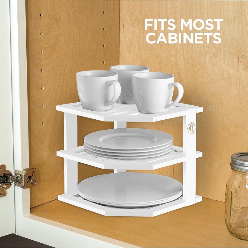 Bambüsi Cabinet Organizer Shelf  Bamboo Corner Rack for Kitchen Counter Cabinet Space Saver for Plates Dishes Bowls Bread Pantry Bathroom Storage or Countertop Stand White - Image 4