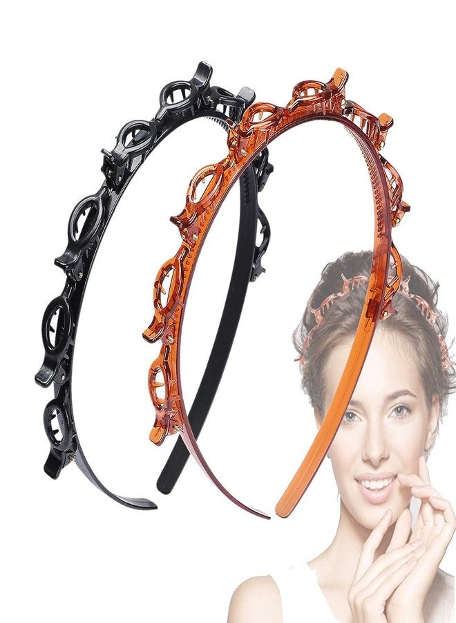 Chennie Double Layer Twist Plait Black Headband, Double Bangs Hairstyle Hairpin, Multi-Layer Hollow Woven Headband with Alligator Clip (Brown) - Image 1