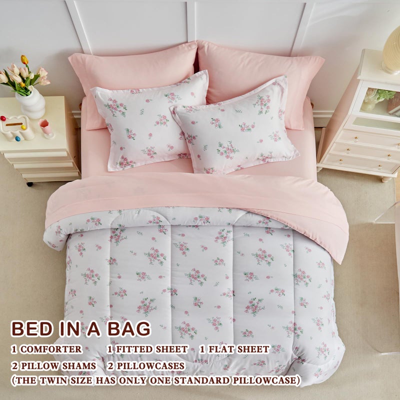 Joyreap 6pcs Bed in a Bag for Girls, Floral Pink Design, Twin Size Microfiber Comforter Sheet Set, Soft Cozy Bedding Comforter Set for All Season - Image 3