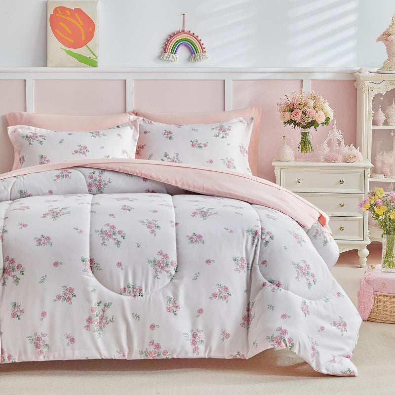 Joyreap 6pcs Bed in a Bag for Girls, Floral Pink Design, Twin Size Microfiber Comforter Sheet Set, Soft Cozy Bedding Comforter Set for All Season - Image 1