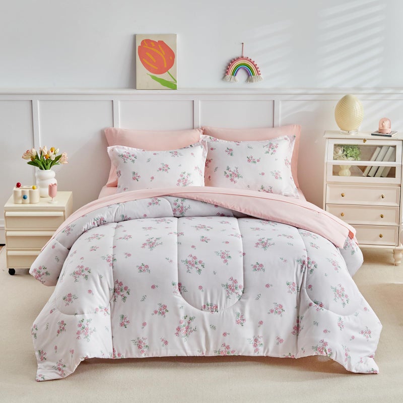 Joyreap 6pcs Bed in a Bag for Girls, Floral Pink Design, Twin Size Microfiber Comforter Sheet Set, Soft Cozy Bedding Comforter Set for All Season - Image 4