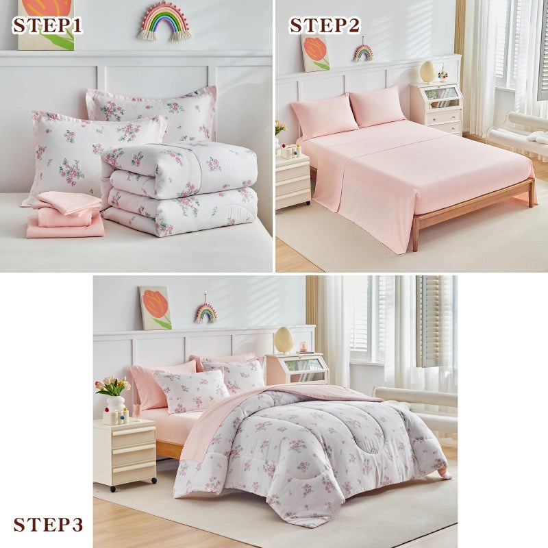 Joyreap 6pcs Bed in a Bag for Girls, Floral Pink Design, Twin Size Microfiber Comforter Sheet Set, Soft Cozy Bedding Comforter Set for All Season - Image 5