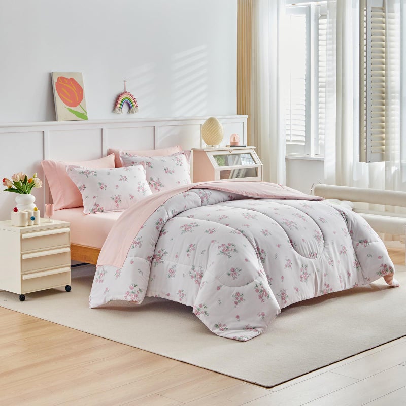 Joyreap 6pcs Bed in a Bag for Girls, Floral Pink Design, Twin Size Microfiber Comforter Sheet Set, Soft Cozy Bedding Comforter Set for All Season - Image 2