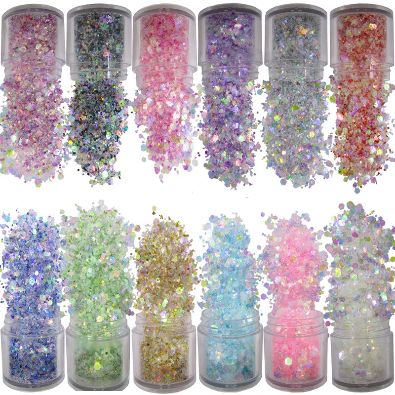 LoveOurHome 12 Mixed Colors Iridesent Chunky Glitter Flakes Mylar Hexagon Fine Powder Pigment Opal Glitter Sparkles Crafts Sequins Resin Epoxy Accessories Women Girls Makeup Body Nail Art Decorations