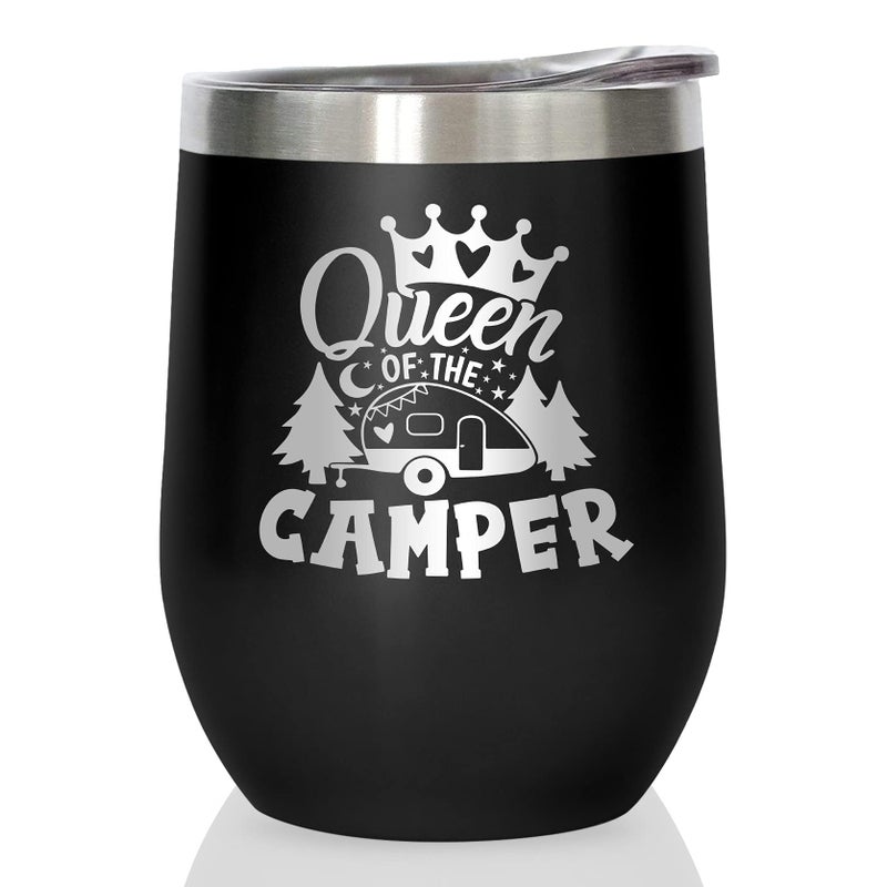 Joyloce Queen of The Camper Wine Tumbler Camping Gifts Coffee Mug Cup Camp Wine Glass Stemless Tumblers with Lid Stainless Steel Insulated Vacuum RV Gifts for Women Camper Travel Outdoors 12 Oz