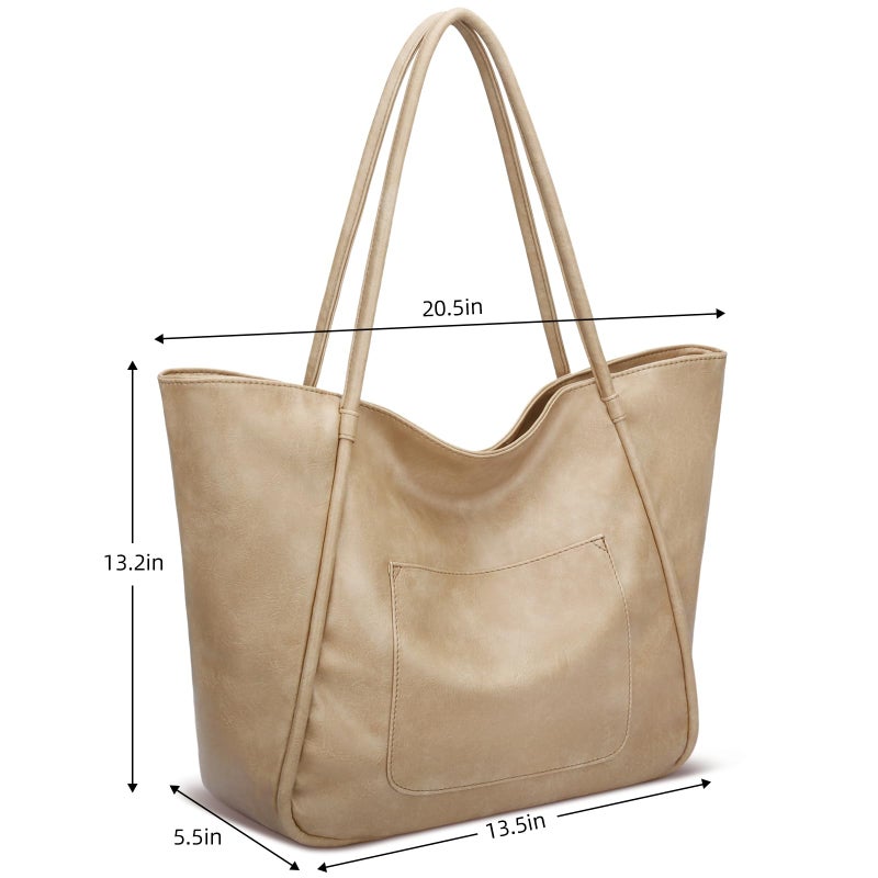 KKXIU Large Tote Bag for Women with Zipper Work Leather Travel Purse and Handbags - Beige - Image 5