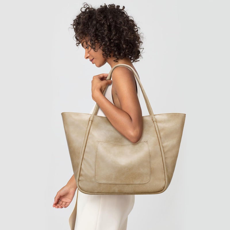 KKXIU Large Tote Bag for Women with Zipper Work Leather Travel Purse and Handbags - Beige - Image 2