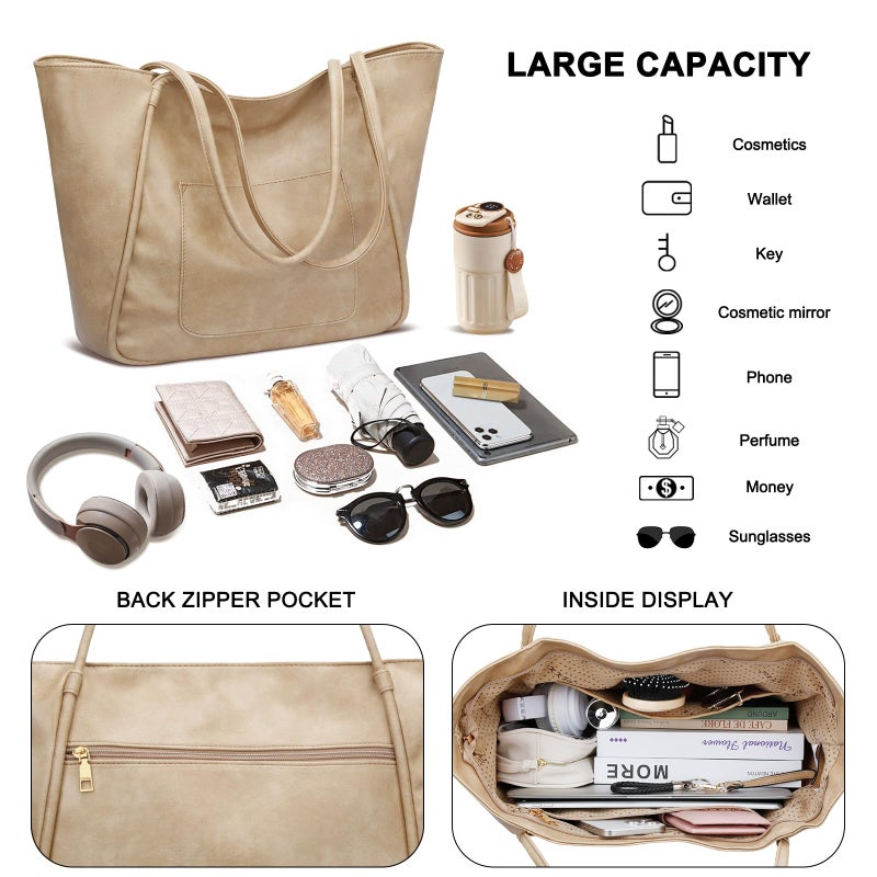 KKXIU Large Tote Bag for Women with Zipper Work Leather Travel Purse and Handbags - Beige - Image 4