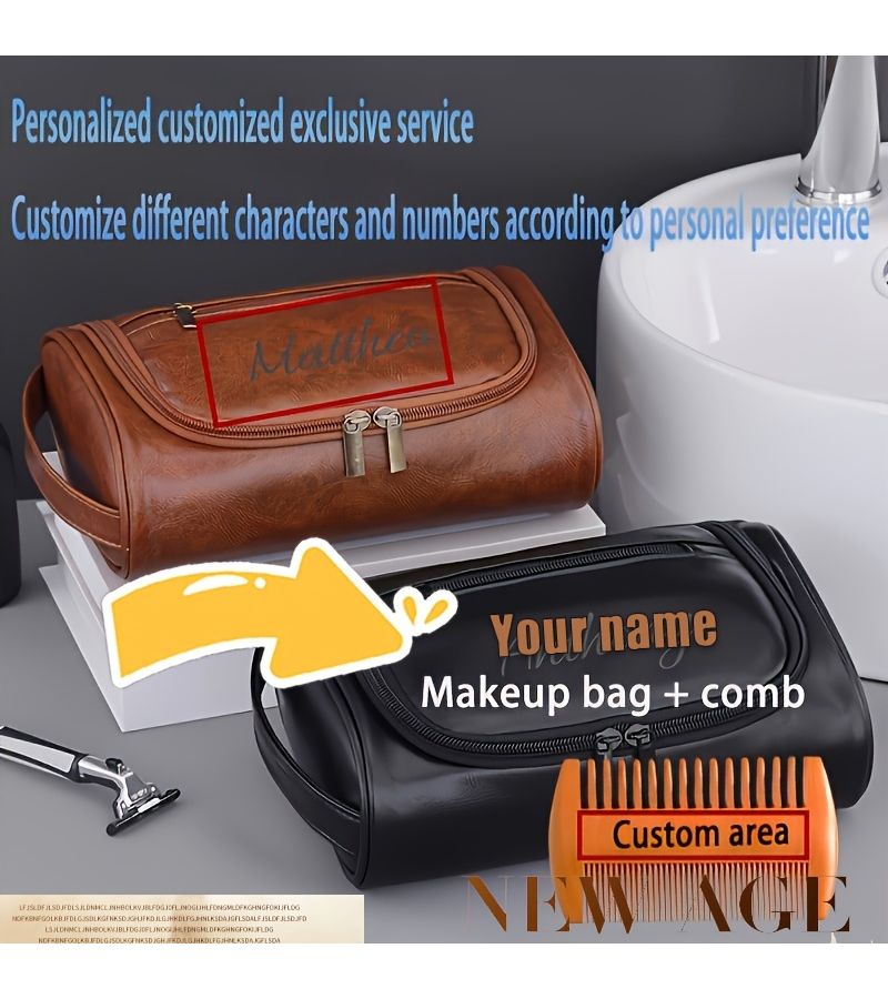 2pcs Mens Personalized Toiletry Bag Brown With Comb Custom Name Engraving Waterproof PU Travel Organizer Perfect Gift For Valentine Fathers Day Graduation Birthday Or Anniversary - Image 1