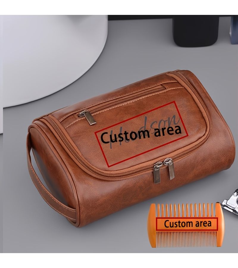 2pcs Mens Personalized Toiletry Bag Brown With Comb Custom Name Engraving Waterproof PU Travel Organizer Perfect Gift For Valentine Fathers Day Graduation Birthday Or Anniversary - Image 5