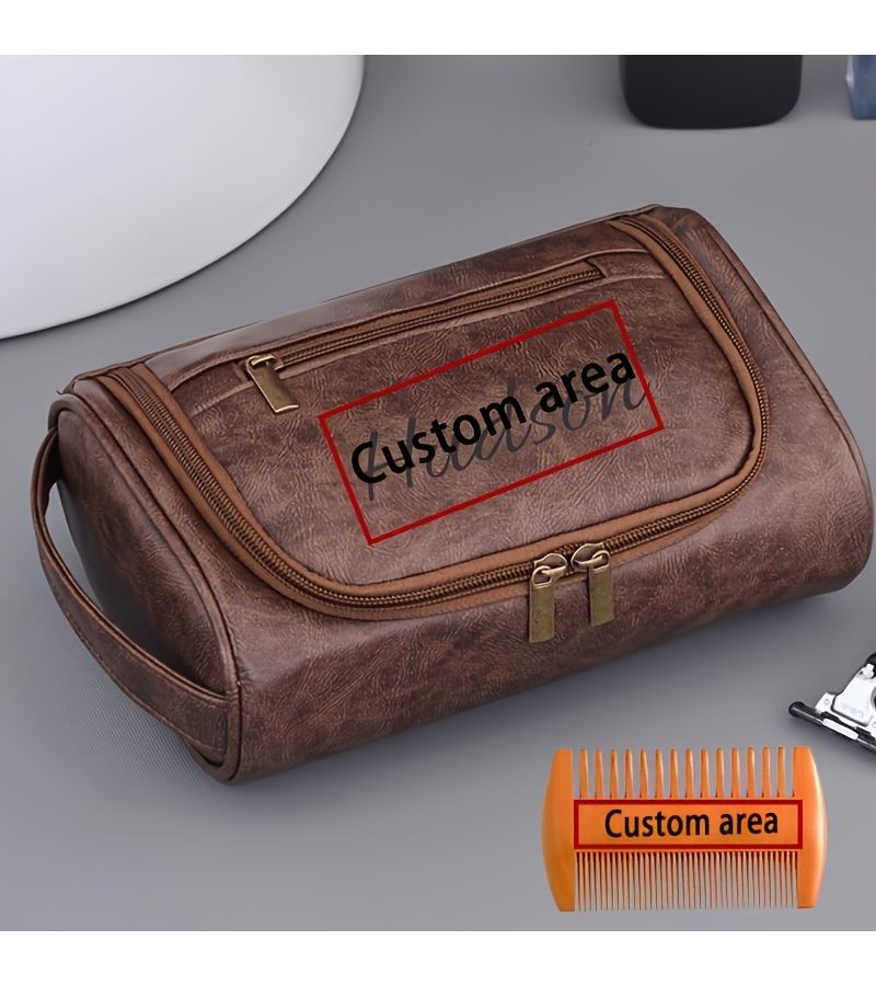 2pcs Mens Personalized Toiletry Bag Brown With Comb Custom Name Engraving Waterproof PU Travel Organizer Perfect Gift For Valentine Fathers Day Graduation Birthday Or Anniversary - Image 3