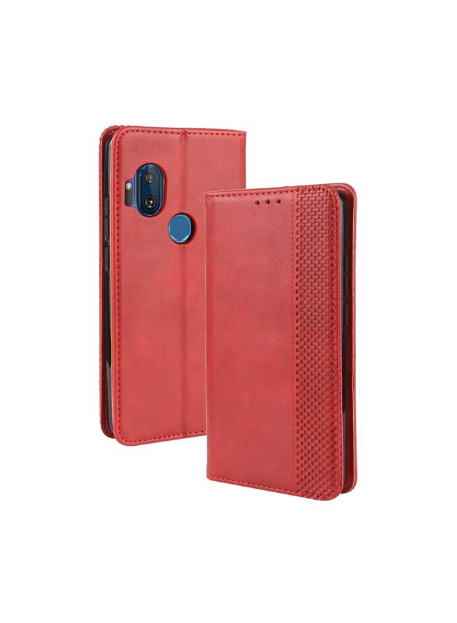 اس-توب جراب لهاتف Motorola One Hyper Magnetic Buckle Retro Crazy Horse Texture، جراب جلدي أفقي قلاب مع حامل وفتحات للبطاقات وإطار للصور - Image 1