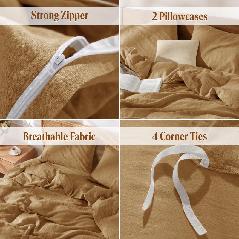 LBRO2M 100% France Linen Duvet Cover Set King Size 3 Pcs Natural Flax Comforter Cover with Zipper Closure 2 Pillowcase Breathable Duvet Cover (Rust King) - Image 5