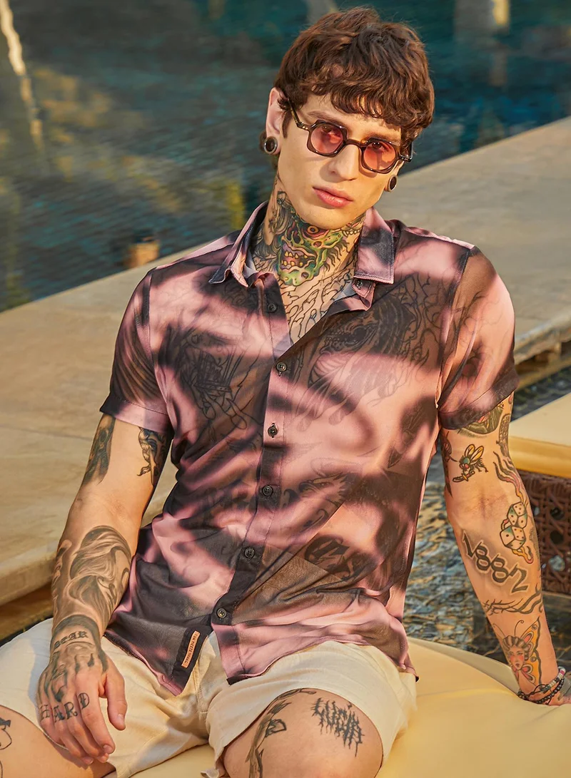 Campus Sutra Men's Midnight Black & Violet Purple Blurred-Mesh Shirt