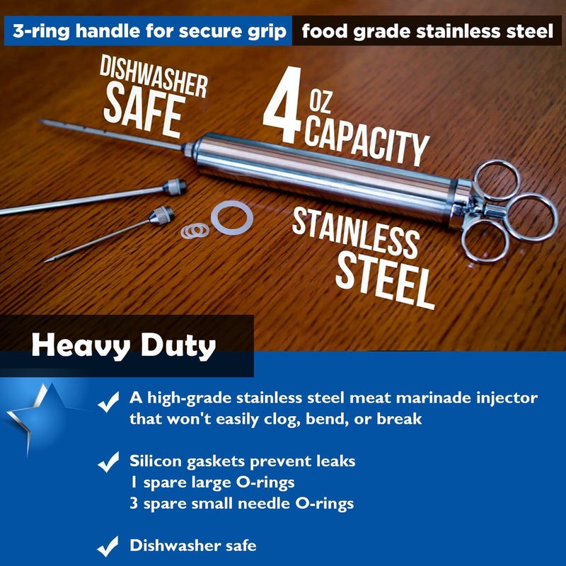 HiCook 4 oz Stainless Steel Commercial Grade Meat Marinade Flavor Injector Kit 1/2 Cup Capacity Seasoning Injector with 3 Professional Marinade Needles - Image 2