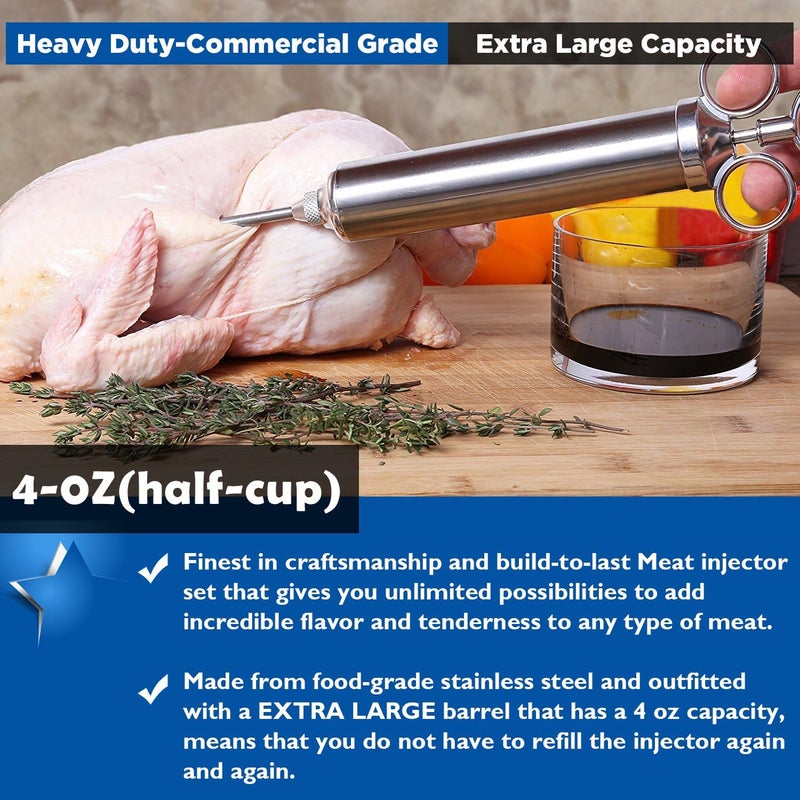 HiCook 4 oz Stainless Steel Commercial Grade Meat Marinade Flavor Injector Kit 1/2 Cup Capacity Seasoning Injector with 3 Professional Marinade Needles - Image 3