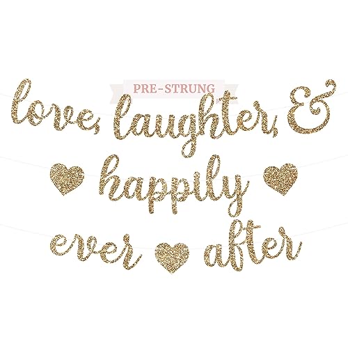 Perfect Occasion PreStrung Love Laughter Happily Ever After Banner NO DIY Gold Glitter Bachelorette Wedding Bridal Party Banner PreStrung Garland on 8 ft Strand Gold Bachelorette Bridal Engagement Party - Image 1