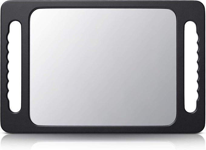 UNBREAKABLE HAND MIRROR WITH DOUBLE HANDLE - LARGE HANDHELD BARBER MIRROR FOR HAIR AND BEAUTY SALON - DURABLE HAND HELD MIRRORS FOR BARBERSHOP - LIGHTWEIGHT HAIRCUT MIRROR WITH DOUBLE HANDGRIP
