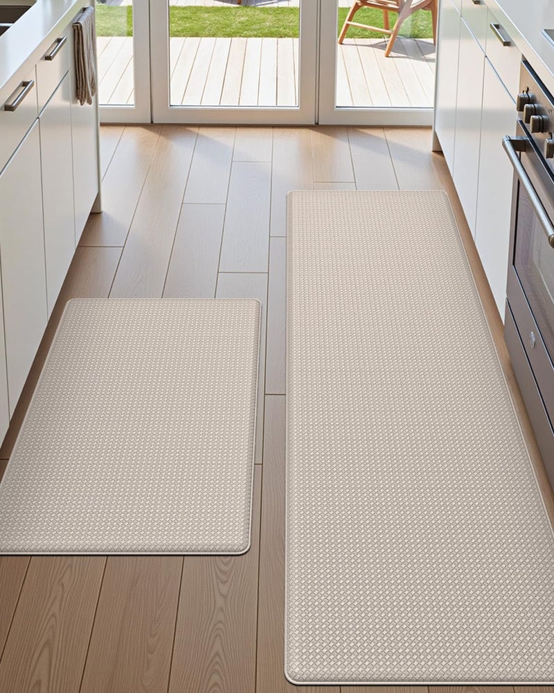 DEXI Kitchen Rugs and Mats Non Slip, Set of 2 Cushioned Anti Fatigue Runner Rug Waterproof, Comfort Standing Memory Foam Padded, Large Long Kitchen Floor Mat, 44x75 + 44x150 cm, Beige - Image 1