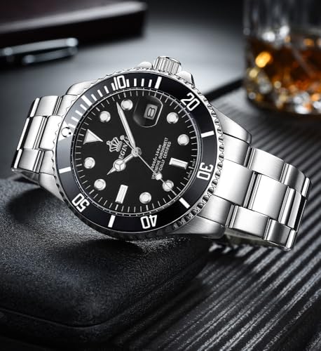 Reginald Men's Watch Luminous Quartz Rotatable Bezel Sapphire Glass Silver Stainless Steel Band and Case Waterproof Sports Black Watch - Image 4