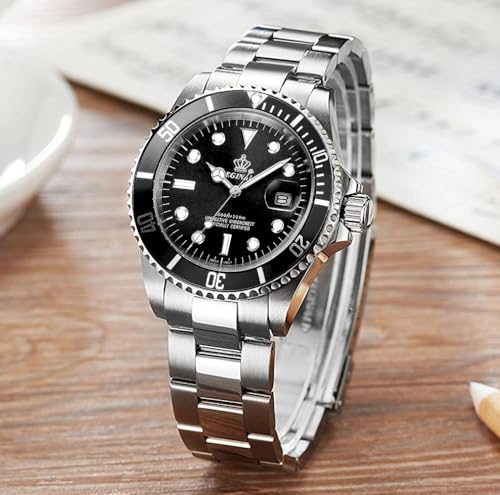 Reginald Men's Watch Luminous Quartz Rotatable Bezel Sapphire Glass Silver Stainless Steel Band and Case Waterproof Sports Black Watch - Image 2